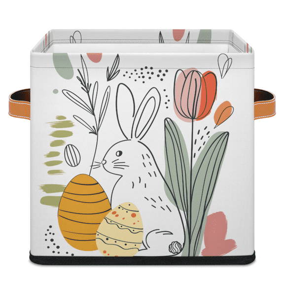 CURLYOOT Bunny Easter Cube Storage Bin, 11 Inch Storage Cube Fabric Bin for Shelves, Boho Flower Foldable Clothes Organizer Baskets with Leather Handle for Closet Home