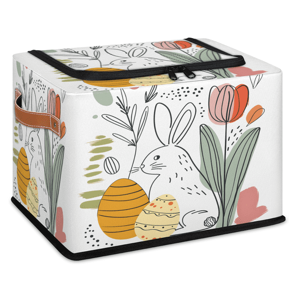 CURLYOOT Bunny Easter Storage Bin with Zipper Lid, Boho Flower Fabric Storage Basket with Handles, Decorative Foldable Storages Box Clothes Organizer for Closet, Shelf
