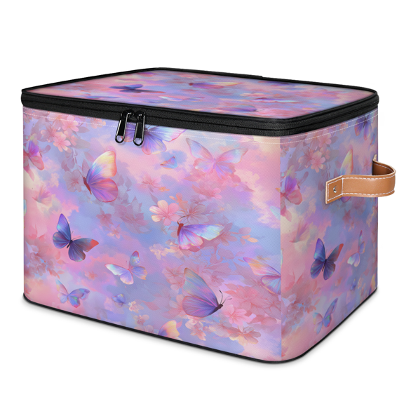 CURLYOOT Butterflies Pink Flower Storage Bins with Lid, Decorative Fabric Closet Boxes with Lids, Foldable Storage Baskets Shelves Container Organizers for Bedroom, Living Room, Dorm