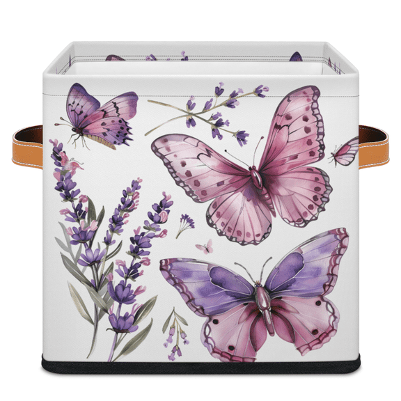 CURLYOOT Butterfly Cube Storage Bin 11 Inch Fabric Storage Cube for Shelves Decorative Lavender Flower Foldable Basket with Leather Handle for Closet Shelves Organizer