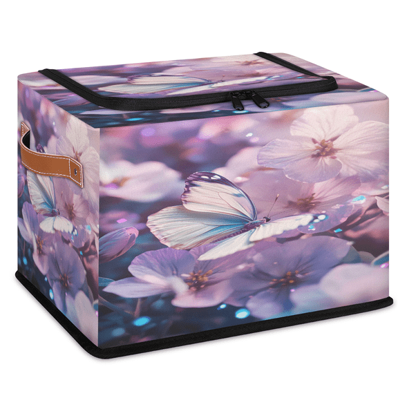 CURLYOOT Butterfly Elegant Purple Storage Bin with Zipper Lid, Foldable Clothes Organizer Lidded Storage Baskets, Rectangular Box Closet Shelf Organizer
