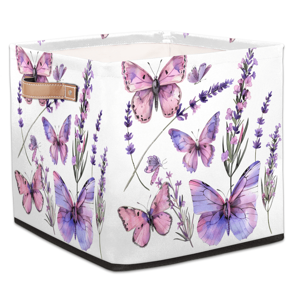 CURLYOOT Butterfly Flower Cube Storage Bin, 13 x 13 x 13 Storage Cube Bins for Organizing, Lavender Floral Fabric Foldable Closet Baskets with Handles for Closet, Shelves, Clothes