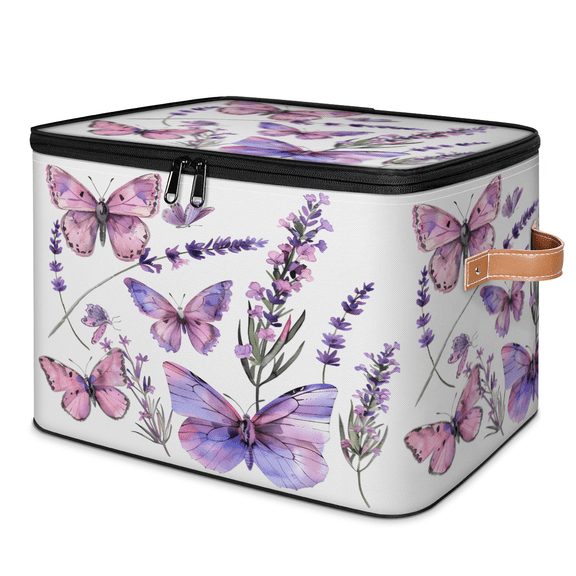 CURLYOOT Butterfly Flower Fabric Storage Bins with Lids, Lavender Floral Foldable Storage Boxes Washable Storage Cube, Closet Bedroom Home Organizer Containers with PU Leather Handles