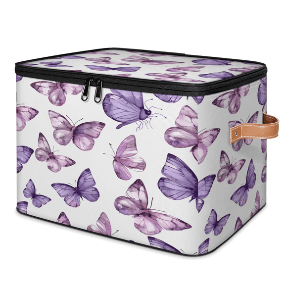 CURLYOOT Butterfly Purple Fabric Storage Bins with Lids, Foldable Storage Boxes Washable Storage Cube, Closet Bedroom Home Organizer Containers with PU Leather Handles