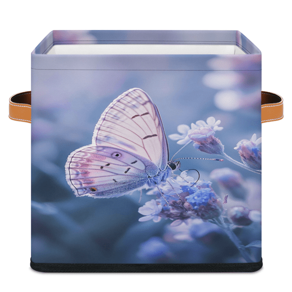 CURLYOOT Butterfly Purple Light 11 x 11 Inch Cube Storage Bin, Fabric Storage Cube Foldable Basket with Leather Handles, Organizer Basket for Closet Shelves