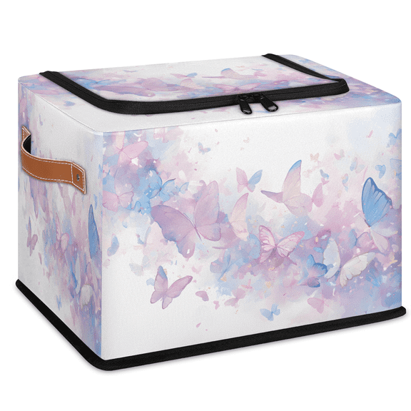 CURLYOOT Butterfly Purple Storage Bin with Zipper Lid, Fabric Storage Basket with Handles, Decorative Foldable Storages Box Clothes Organizer for Closet, Shelf