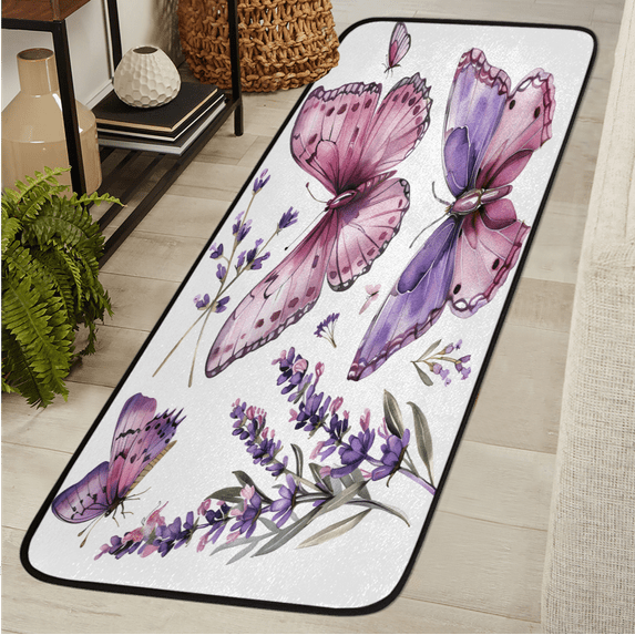 CURLYOOT Butterfly Runner Rug 2'x6' Washable Kitchen Runner Rug Indoor Non Slip Laundry Rugs Lavender Flower Floor Carpet for Hallway Kitchen Entryway Bedroom Living Room