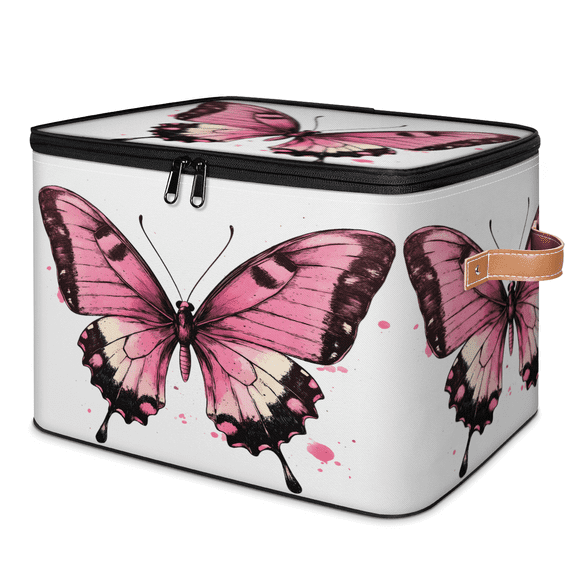 CURLYOOT Butterfly Storage Bin with Zipper Lid, Fabric Decorative Lidded Storage Baskets Boxes, Butterflies Rustic Foldable Organizer Container Basket for Bedroom Closet Shelf