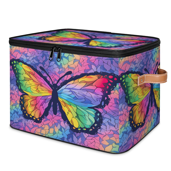 CURLYOOT Butterfly Storage Bins with Zipper Lid Fabric Storage Baskets Boxes Stained Glass Washable Foldable Clothes Organizer Container with Leather Handles for Shelves Closet