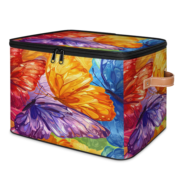 CURLYOOT Butterfly Storage Bins with Zipper Lid Fabric Storage Baskets Boxes Watercolor Butterfly Washable Foldable Clothes Organizer Container with Leather Handles for Shelves Closet