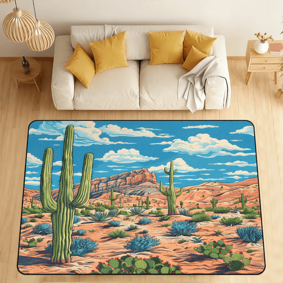 CURLYOOT Cactus Area Rugs for Living Room Bedroom, 4' 10" x 6' 8" Washable Rug, Tropical Desert Floor Carpet with Non Slip Backing for Dining Room Indoor