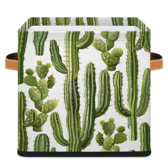 CURLYOOT Cactus Cube Storage Bin 11 Inch Fabric Storage Cube for Shelves Decorative Cactus Plants Foldable Basket with Leather Handle for Closet Shelves Organizer