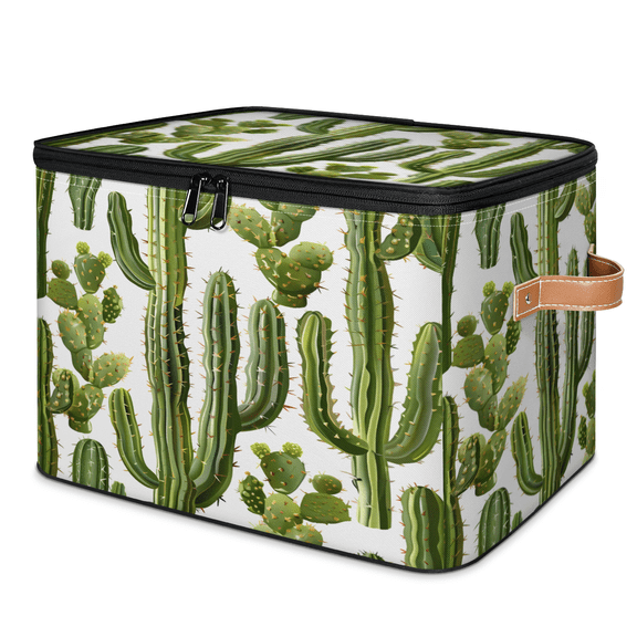 CURLYOOT Cactus Fabric Storage Bins with Lids, Cactus Plants Foldable Storage Boxes Washable Storage Cube, Closet Bedroom Home Organizer Containers with PU Leather Handles