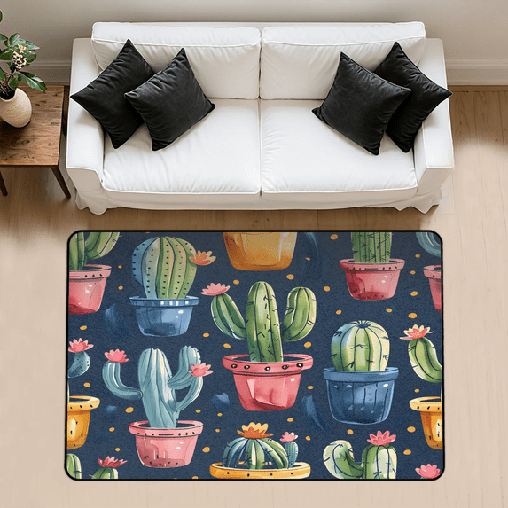 CURLYOOT Cactus Rug for Living Room Bedroom, 4x6 Ft Washable Area Rug, Non Slip Rugs for Entryway, Watercolor Plant Large Carpet for Indoor Dining Room