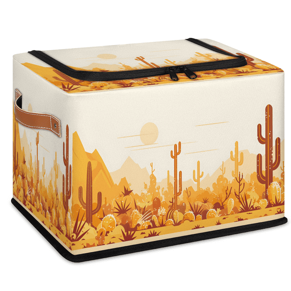 CURLYOOT Cactus Scenery Storage Bin with Zipper Lid, Desert Fabric Storage Basket with Handles, Decorative Foldable Storages Box Clothes Organizer for Closet, Shelf
