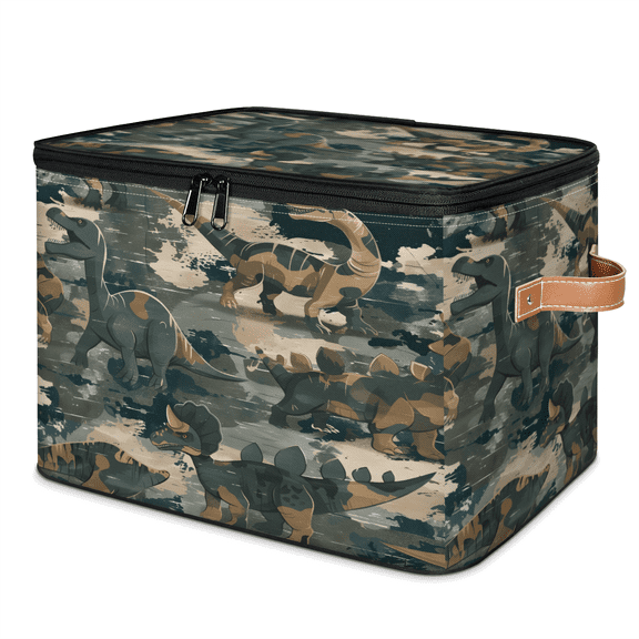 CURLYOOT Camouflage Dino Dinosaur Fabric Storage Bins with Lids, Foldable Storage Boxes Washable Storage Cube, Closet Bedroom Home Organizer Containers with PU Leather Handles