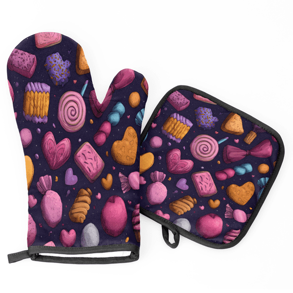 CURLYOOT Candy Sweets Oven Mitts and Pot Holders 2 pcs Set, Decorative Kitchen Gloves Hot Pads Dessert Food Washable Oven Glove for Cooking Baking