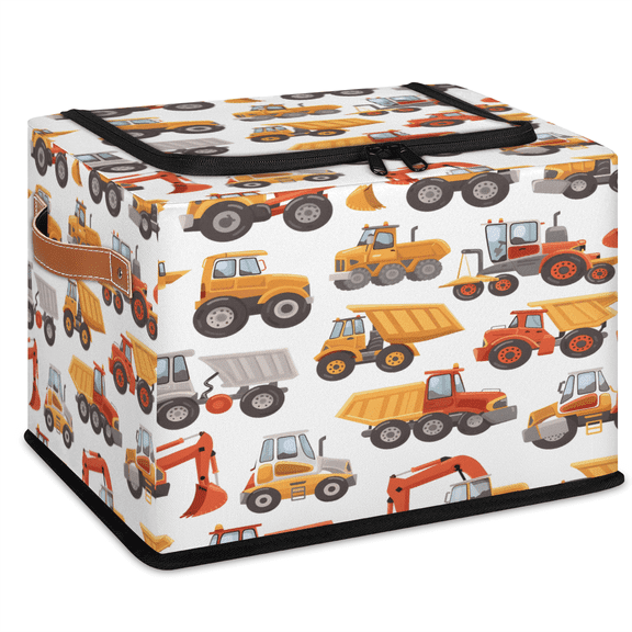 CURLYOOT Car Excavator Tractor Vehicles Storage Bin With Zipper Lid, Foldable Clothes Organizer Lidded Storage Baskets, Rectangular Box Closet Shelf Organizer