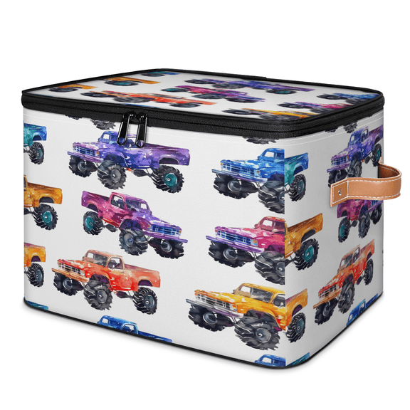 CURLYOOT Cars Monster Trucks Fabric Storage Bins with Lids, Foldable Storage Boxes Washable Storage Cube, Closet Bedroom Home Organizer Containers with PU Leather Handles