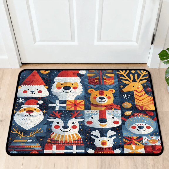 CURLYOOT Cartoon Christmas Indoor Doormat, Non-Slip Absorbent Door Mat 24" x 16", Santa Claus Elk Entrance Floor Mat Washable Entry Doormats for Entryway Front Back Door