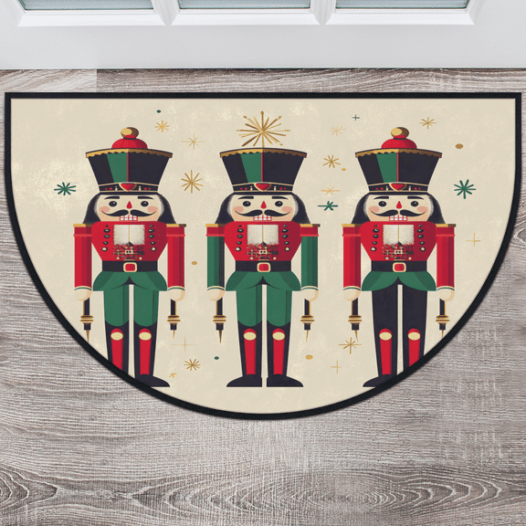 CURLYOOT Cartoon Cracker Nutcrackers Crown Drum Half Round Door Mat 24'' x 36'', Indoor Outdoor Entrance Rug, Semi Circular Area Rug, Non Slip Washable Absorbent Doormat, Laundry Room Rug