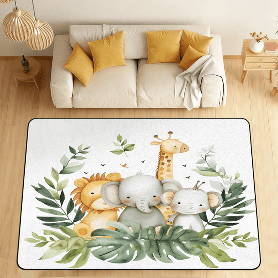 CURLYOOT Cartoon Cute Lion Elephant Giraffe Area Rugs 5'x7' Washable Rug Large Living Room Rug Non Slip Indoor Floor Carpet for Dining Room Bedroom Home