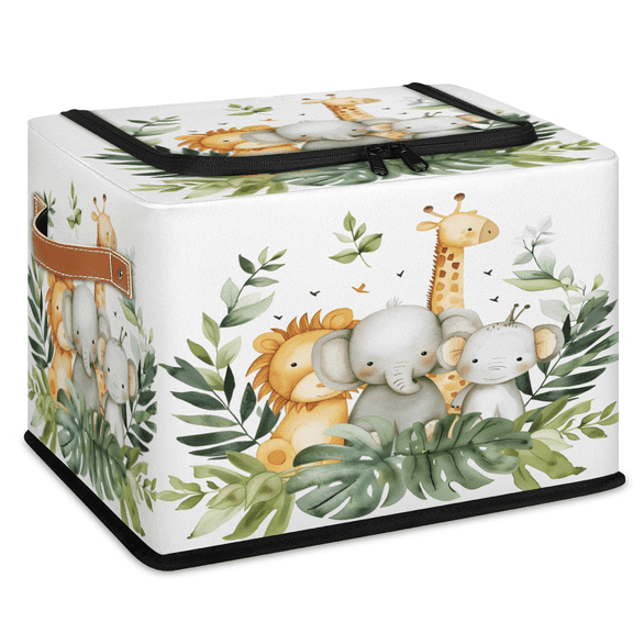 CURLYOOT Cartoon Cute Lion Elephant Giraffe Storage Bin With Zipper Lid, Foldable Clothes Organizer Lidded Storage Baskets, Rectangular Box Closet Shelf Organizer for Bedroom Living Room