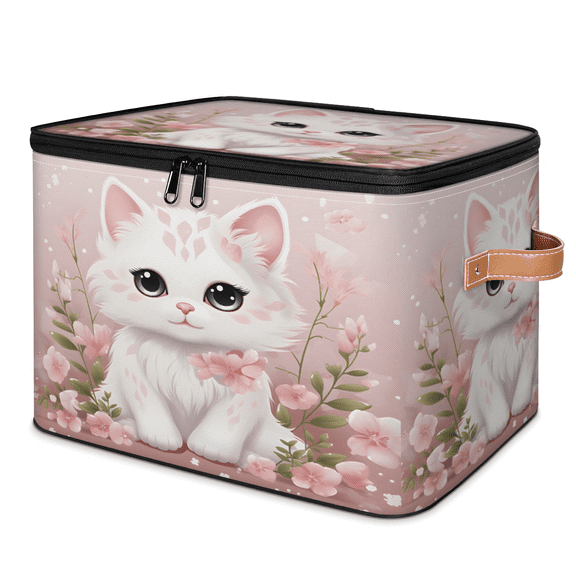CURLYOOT Cartoon Flower Cat Storage Bin with Zipper Lid, Fabric Decorative Lidded Storage Baskets Boxes, Foldable Organizer Container Basket for Bedroom Closet Shelf