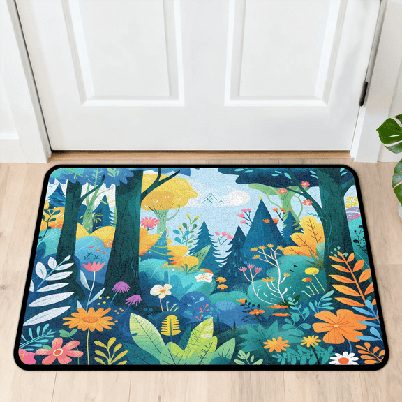 CURLYOOT Cartoon Forest Plant Indoor Doormat, Non-Slip Absorbent Door Mat 24" x 16", Entrance Floor Mat Washable Entry Doormats for Entryway Front Back Door