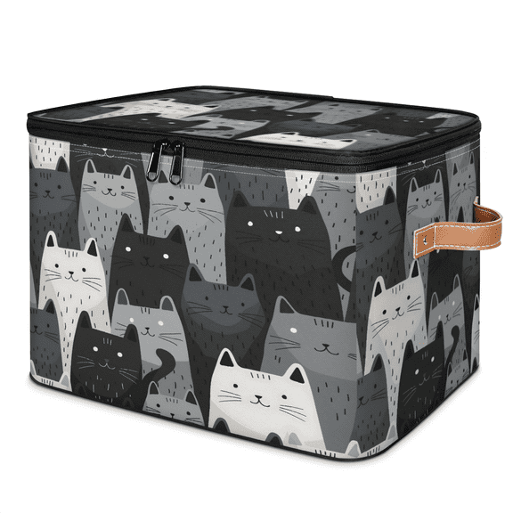 CURLYOOT Cartoon Kitten Storage Bins with Zipper Lid Fabric Storage Baskets Boxes Abstract Cats Washable Foldable Clothes Organizer Container with Leather Handles for Shelves Closet