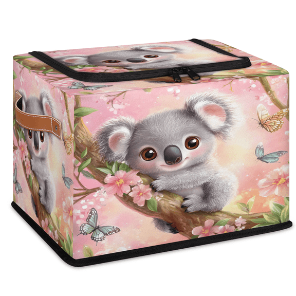 CURLYOOT Cartoon Koala Pinks Storage Bin with Zipper Lid, Foldable Clothes Organizer Lidded Storage Baskets, Rectangular Box Closet Shelf Organizer for Living Room Bedroom Home