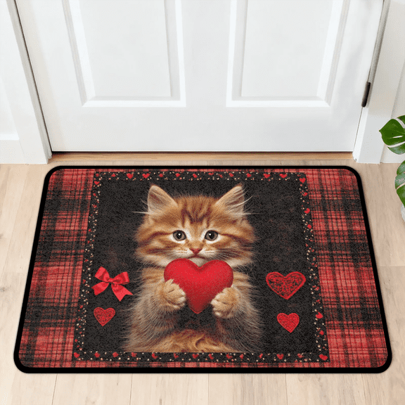 CURLYOOT Cat Love Heart Indoor Doormat, Non-Slip Absorbent Door Mat 24" x 16", Buffalo Plaid Entrance Floor Mat Washable Entry Doormats for Entryway Front Back Door