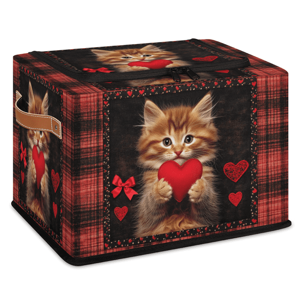 CURLYOOT Cat Love Heart Storage Bin with Zipper Lid Foldable Storage Basket Box Buffalo Plaid Clothes Organizer Container for Closet, Shelf, Bedroom, Home Decor