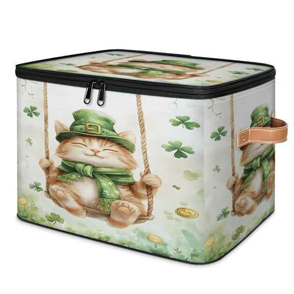 CURLYOOT Cat Patricks Day Green Shamrock Clover Storage Bins with Lid, Decorative Fabric Storage Boxes, Foldable Closet Shelf Organizer Baskets for Bedroom, Living Room, Home