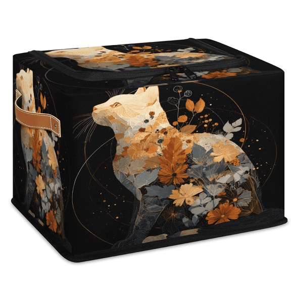 CURLYOOT Cat Shape Flower Storage Bin with Zipper Lid, Fabric Storage Basket with Handles, Decorative Foldable Storages Box Clothes Organizer for Closet, Shelf