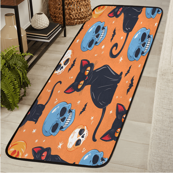 CURLYOOT Cat Skull Runner Rug 2'x6' Washable Kitchen Runner Rug Indoor Non Slip Laundry Rugs Halloween Floor Carpet for Hallway Kitchen Entryway Bedroom Living Room