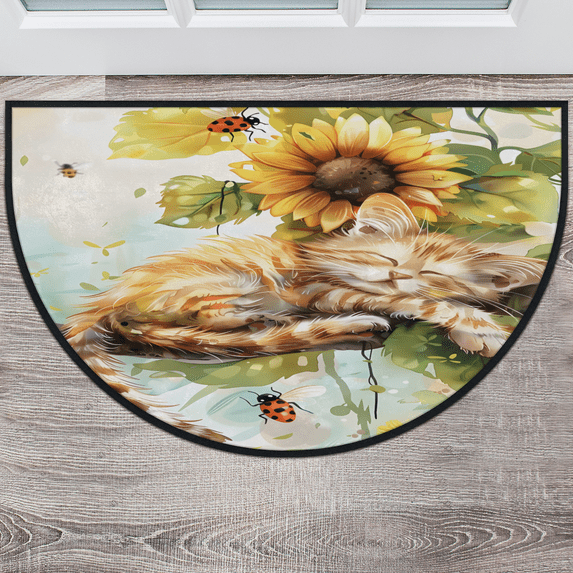 CURLYOOT Cat Sunflower Half Round Door Mat, Indoor Outdoor Entrance Rug, Semi Circular Area Rug, Non Slip Washable Absorbent Doormat, Laundry Room Rug 40'' x 63''