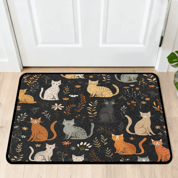CURLYOOT Cats Indoor Doormat, Non-Slip Absorbent Door Mat 24" x 16", Cat Wildflower Entrance Floor Mat Washable Entry Doormats for Entryway Front Back Door