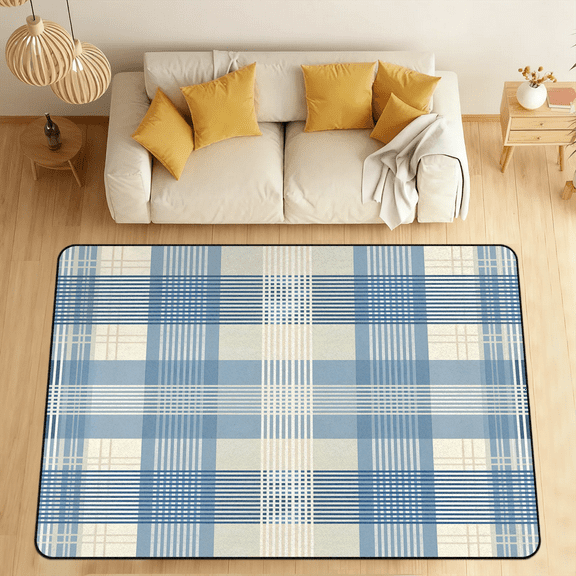 CURLYOOT Check Area Rugs 5'x7' Washable Rug Large Living Room Rug Non Slip Retro Blue White Plaid Indoor Floor Carpet for Dining Room Bedroom Home