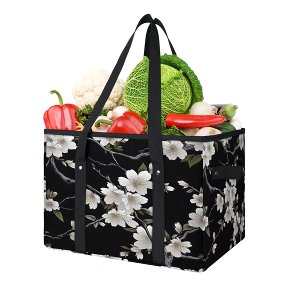 CURLYOOT Cherry Black And White Flower Blossom Reusable Grocery Bag, Foldable Shopping Tote Bag with Reinforced Handles, Large Kitchen Grocery Bags for Shopping Groceries Picnic