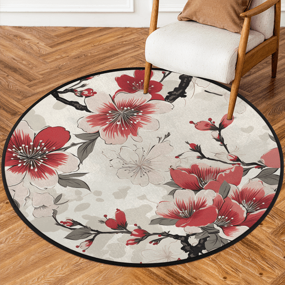 CURLYOOT Cherry Red Pinks Floral Blossom 5.2ft Round Rug for Living Room, Large Washable Area Rug, Non Slip Floor Mat Indoor Rugs for Bedroom, Dining Room, Offices, Entryway