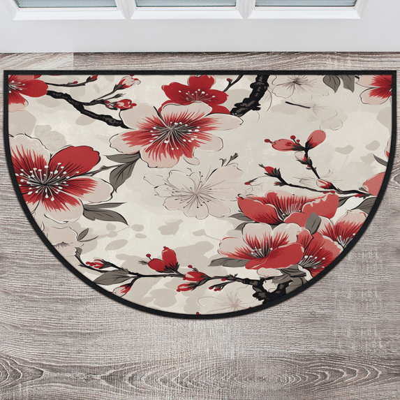 CURLYOOT Cherry Red Pinks Floral Blossom Half Round Door Mat 40'' x 63'', Indoor Outdoor Entrance Rug, Semi Circular Area Rug, Non Slip Washable Absorbent Doormat, Laundry Room Rug