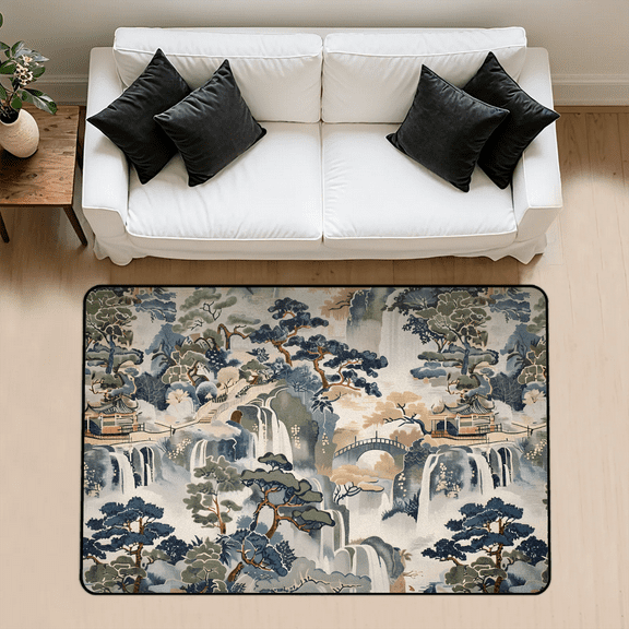 CURLYOOT Chinese Style Mountain Area Rug 3x5 Ft Rugs for Entryway Entrance Kitchen, Washable Non Slip Indoor Floor Carpet for Bedroom Living Room