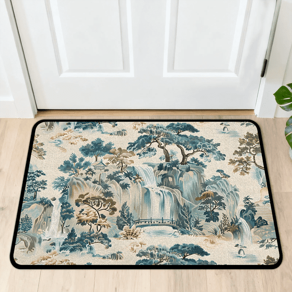 CURLYOOT Chinoiserie Asian Landscape Front Door Mat, Washable Non-Slip Door Mat, Indoor Outdoor Floor Mats Absorbent Welcome Doormat for Entrance 20" x 30"