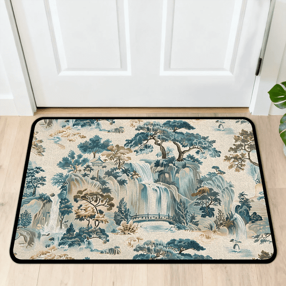 CURLYOOT Chinoiserie Asian Landscape Front Door Mat, Washable Non-Slip Door Mat, Indoor Outdoor Floor Mats Absorbent Welcome Doormat for Entrance 20" x 30"