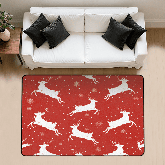 CURLYOOT Christmas Area Rug 3x5 Ft Rugs for Entryway Entrance Kitchen, Washable Non Slip Red Deer Indoor Floor Carpet for Bedroom Living Room