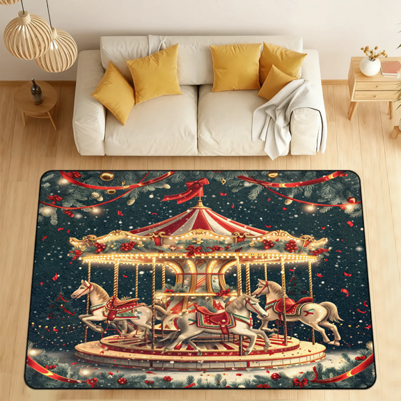 CURLYOOT Christmas Carousel Horse Area Rugs 5'x7' Washable Rug Large Living Room Rug Non Slip Indoor Floor Carpet for Dining Room Bedroom Home