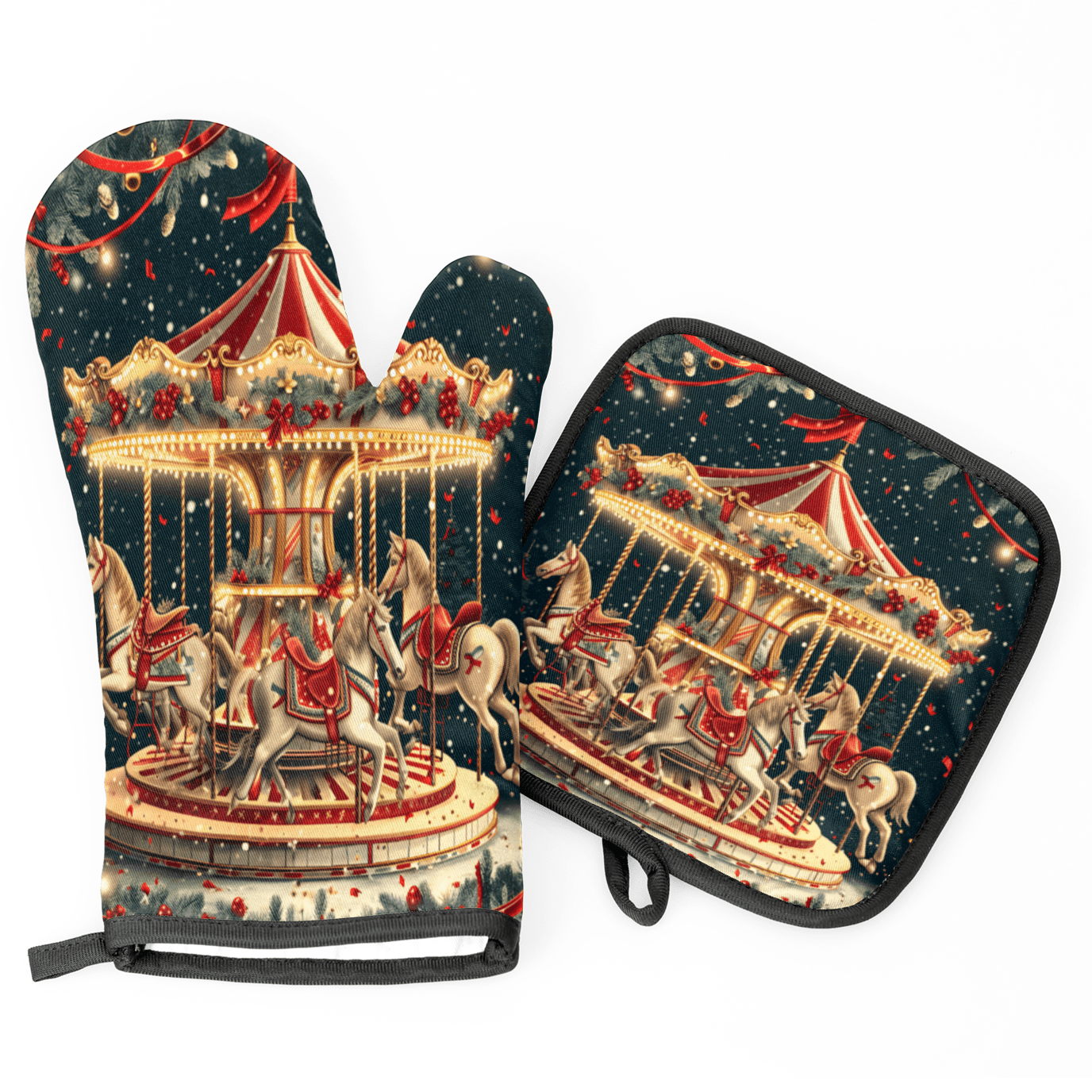 CURLYOOT Christmas Carousel Horse Oven Mitts and Pot Holders Sets of 2, Non-Slip Washable Hot Pads and Oven Gloves for Kitchen Cooking Baking