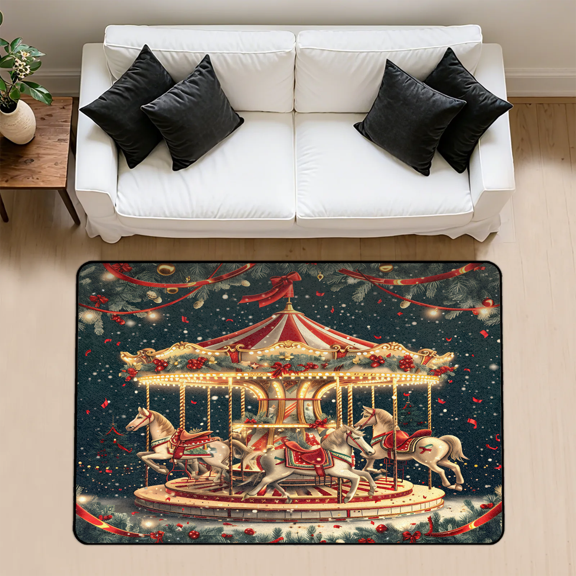 CURLYOOT Christmas Carousel Horse Rug for Living Room Bedroom, 4x6 Ft Washable Area Rug, Non Slip Rugs for Entryway, Large Carpet for Indoor Dining Room