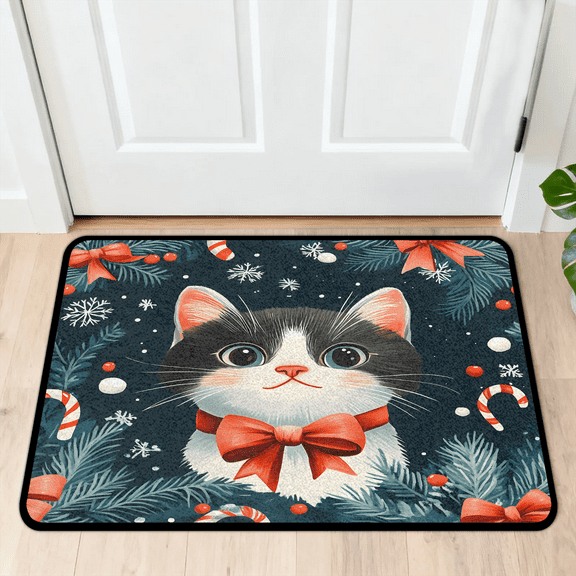 CURLYOOT Christmas Cat Indoor Doormat, Non-Slip Absorbent Door Mat 24" x 16", Entrance Floor Mat Washable Entry Doormats for Entryway Front Back Door